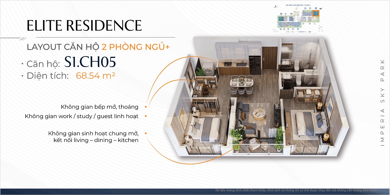 Thiết kế căn hộ 2PN+1 dự án Imperia Sky Park